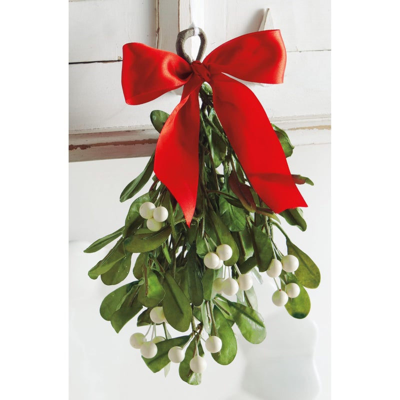 tag 9.5" Christmas Artificial Hanging Mistletoe w/White Berries & Red Bow Xmas Festive Winter Holidays Home Entryway Living Room Decor Decoration Dark Green - Image 2